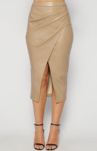 Latte Faux Leather Midi Skirt with Side Pleated Detail