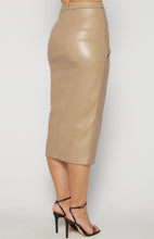 Load image into Gallery viewer, Latte Faux Leather Midi Skirt with Side Pleated Detail