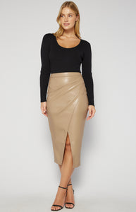Latte Faux Leather Midi Skirt with Side Pleated Detail