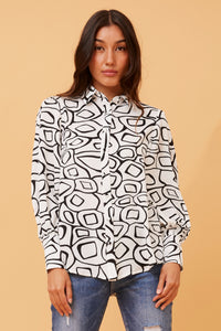 White & Black Abstract Print Shirt with Balloon Sleeve