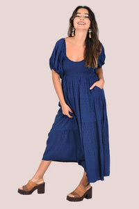 Veronica Navy Blue Midi Dress with Balloon Sleeve