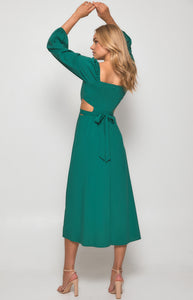 Emerald Green Long Sleeve Maxi Dress with Elastic Cut Out Waist
