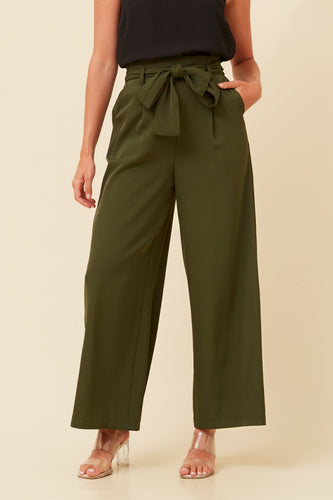 Khaki paper-bag tie waist wide leg pants