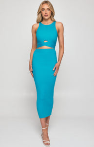 Blue Knit Set with Cut Out Details and Midi Skirt