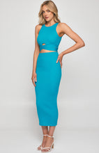 Load image into Gallery viewer, Blue Knit Set with Cut Out Details and Midi Skirt