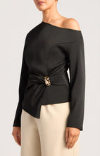 Load image into Gallery viewer, Black Asymmetric Neckline Long Sleeve Top with Gold Buckle Feature (Copy)
