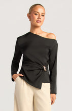 Load image into Gallery viewer, Black Asymmetric Neckline Long Sleeve Top with Gold Buckle Feature (Copy)