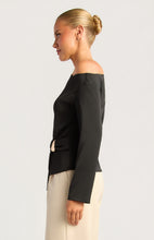 Load image into Gallery viewer, Black Asymmetric Neckline Long Sleeve Top with Gold Buckle Feature (Copy)