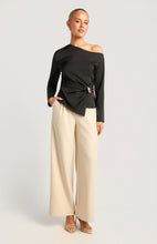 Load image into Gallery viewer, Black Asymmetric Neckline Long Sleeve Top with Gold Buckle Feature (Copy)