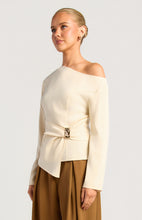 Load image into Gallery viewer, Cream Asymmetric Neckline Long Sleeve Top with Gold Buckle Feature