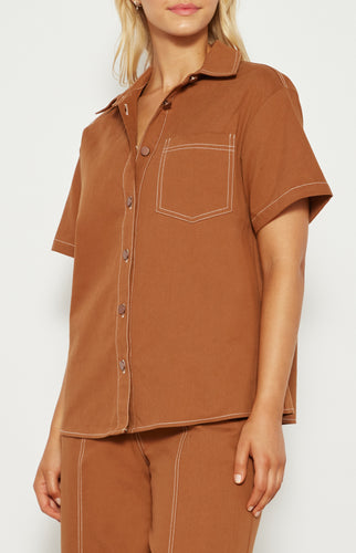 Cinnamon Cotton Button Up Shirt with Contrast Stitching