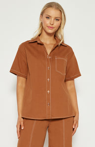 Cinnamon Cotton Button Up Shirt with Contrast Stitching