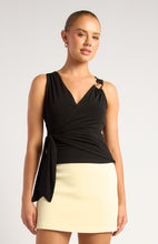 Load image into Gallery viewer, Black Wrap Top With Gold Buckle Feature