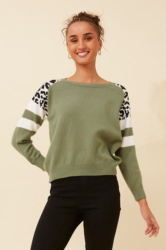 Green Ash Long Sleeve Animal Stripe Printed Crop Knit Soft Knit