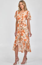 Load image into Gallery viewer, Cream Floral Butterfly Sleeve Waterfall Hem Midi Dress