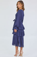 Load image into Gallery viewer, Navy Textured Chiffon Tiered Hem Midi Dress