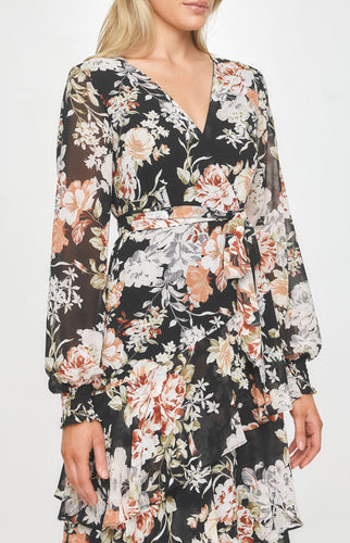 Black Long Sleeve Floral Tiered Hem Midi Cocktail Dress