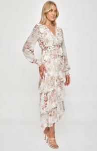 Ivory Floral Tiered Hem Midi Cocktail Dress