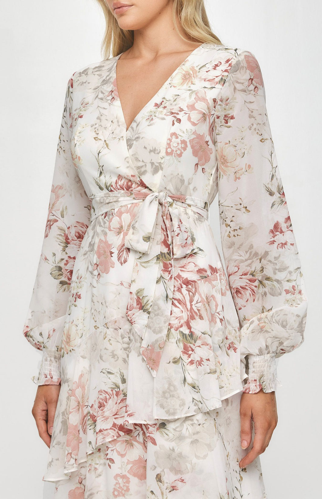 Ivory Floral Tiered Hem Midi Cocktail Dress