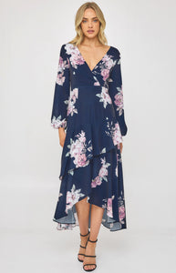 Navy Floral Cocktail Dress with Layered Waterfall Hem