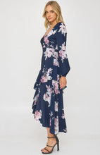 Load image into Gallery viewer, Navy Floral Cocktail Dress with Layered Waterfall Hem