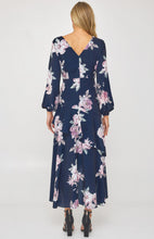 Load image into Gallery viewer, Navy Floral Cocktail Dress with Layered Waterfall Hem