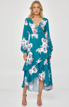 Load image into Gallery viewer, Teal Floral Cocktail Dress with Layered Waterfall Hem