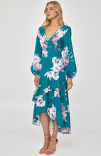 Load image into Gallery viewer, Teal Floral Cocktail Dress with Layered Waterfall Hem