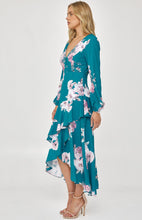 Load image into Gallery viewer, Teal Floral Cocktail Dress with Layered Waterfall Hem