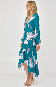 Teal Floral Cocktail Dress with Layered Waterfall Hem