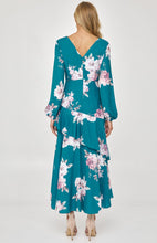 Load image into Gallery viewer, Teal Floral Cocktail Dress with Layered Waterfall Hem