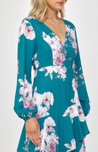 Load image into Gallery viewer, Teal Floral Cocktail Dress with Layered Waterfall Hem