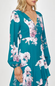 Teal Floral Cocktail Dress with Layered Waterfall Hem