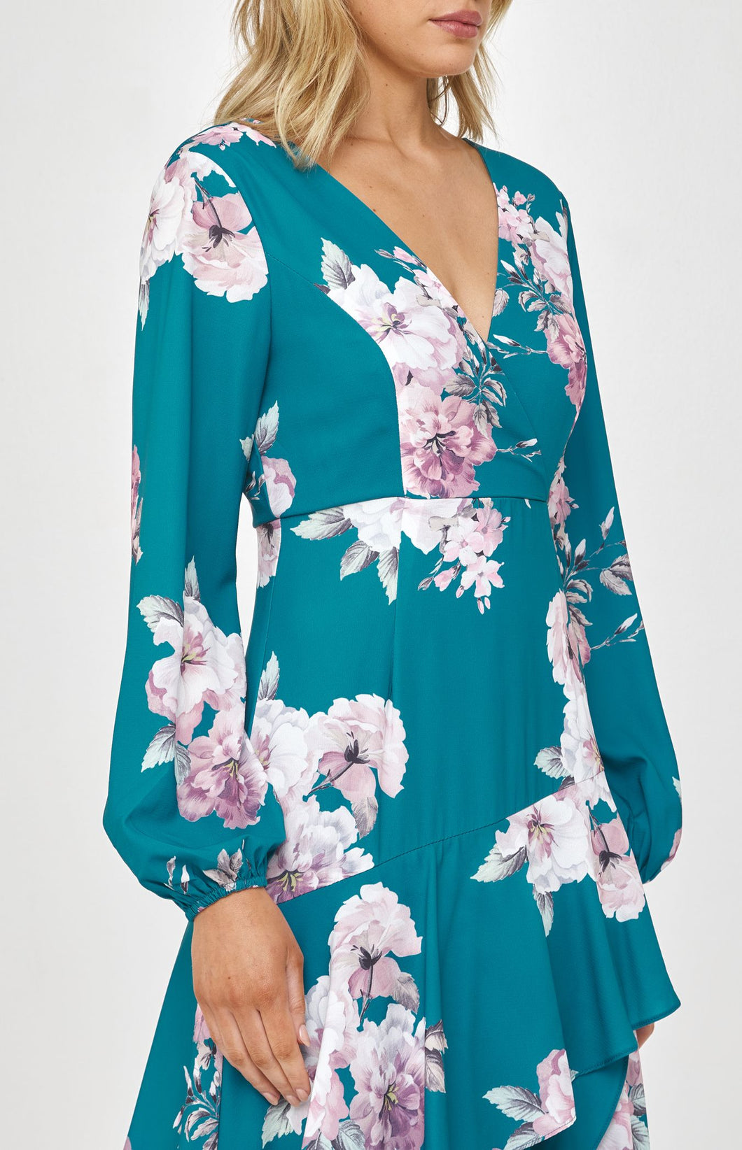 Teal Floral Cocktail Dress with Layered Waterfall Hem