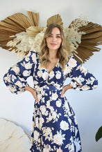 Load image into Gallery viewer, Navy Blue Long Sleeve Floral Silk Maxi Dress