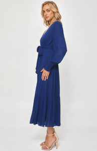 Navy Crepe Maxi Dress with shirred waist and tiered hem