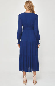Navy Crepe Maxi Dress with shirred waist and tiered hem