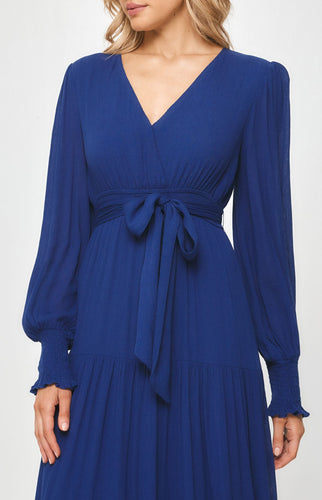 Navy Crepe Maxi Dress with shirred waist and tiered hem