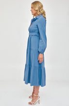 Load image into Gallery viewer, Blue Maxi Shirt Dress with Buckle Belt and Tiered Hem