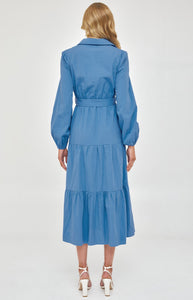 Blue Maxi Shirt Dress with Buckle Belt and Tiered Hem