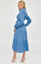 Load image into Gallery viewer, Blue Maxi Shirt Dress with Buckle Belt and Tiered Hem